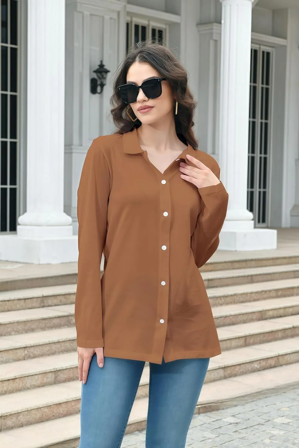Women's Cotton Basic Button Down Shirt Long Sleeve Wrinkle Free Collared Blouse Lightweight Soft Comfortable Jersey Knit Tops