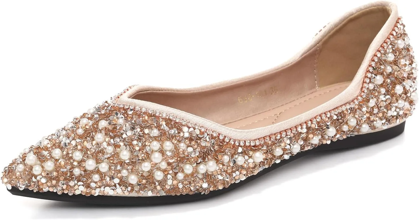 Women's Crystal Ballet Flats Sparkly Pointed Toe Comfort Wedding Casual Dressy Shoes