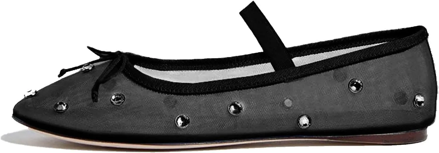 Women's Crystal Mesh Ballet Flats Shoes Round Toe Slip On Ballerina Flats for Women Rhinestone Flats Shoes Dressy Comfortable Casual Styles Mary Jane