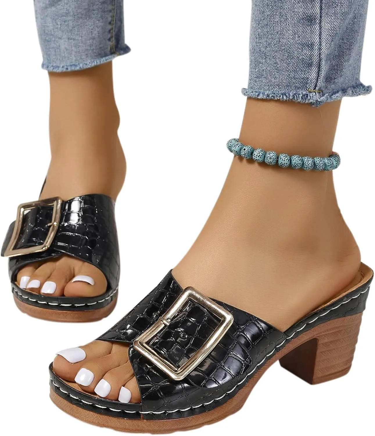 Womens Dressy Slides Summer Casual Chunky Block Heel Slide Sandals Metal Buckle Slip on High Heels Slippers 2025 New