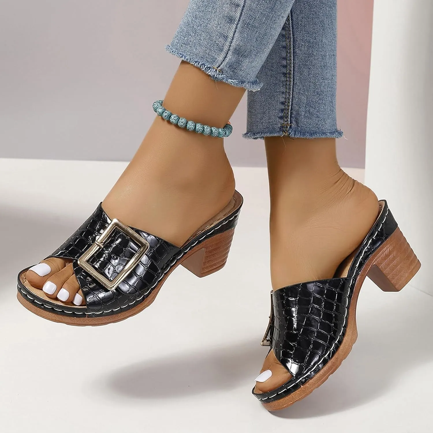 Womens Dressy Slides Summer Casual Chunky Block Heel Slide Sandals Metal Buckle Slip on High Heels Slippers 2025 New