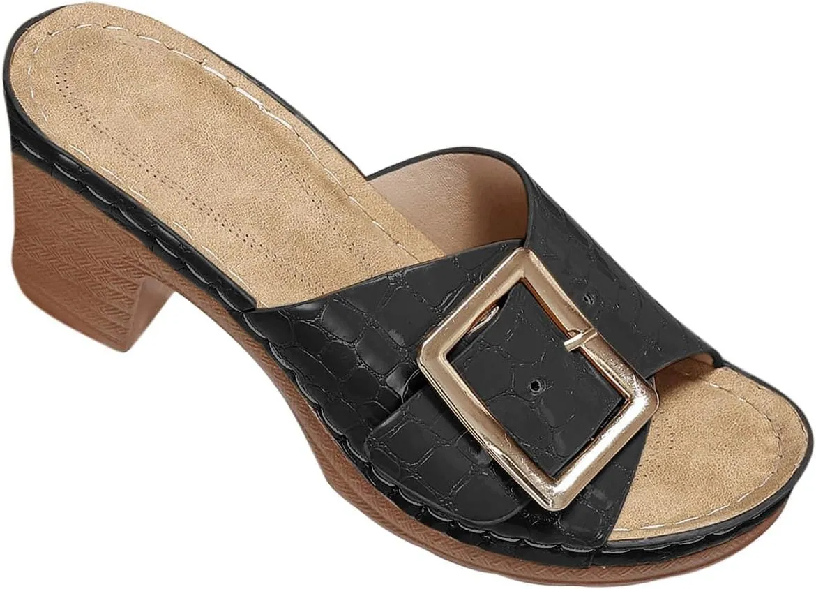 Womens Dressy Slides Summer Casual Chunky Block Heel Slide Sandals Metal Buckle Slip on High Heels Slippers 2025 New