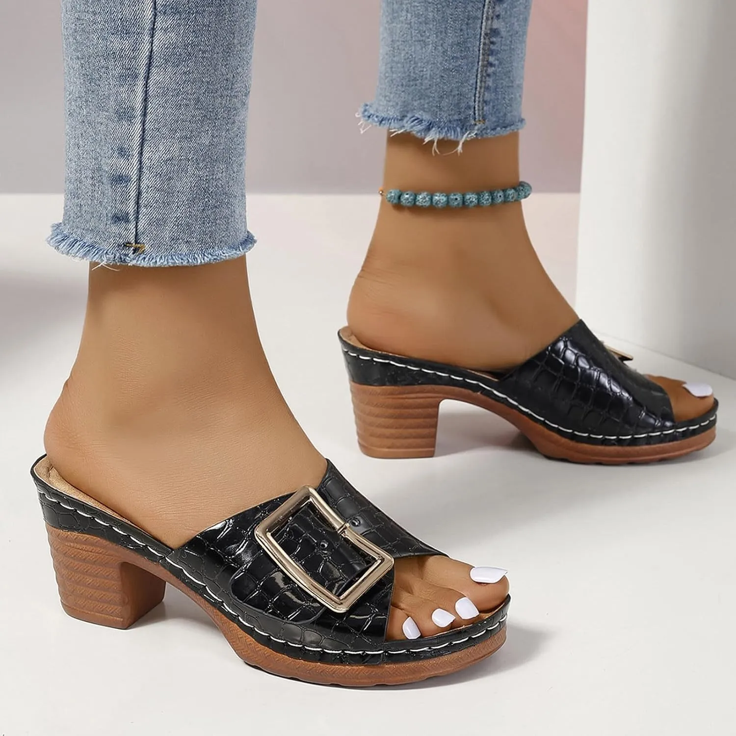 Womens Dressy Slides Summer Casual Chunky Block Heel Slide Sandals Metal Buckle Slip on High Heels Slippers 2025 New