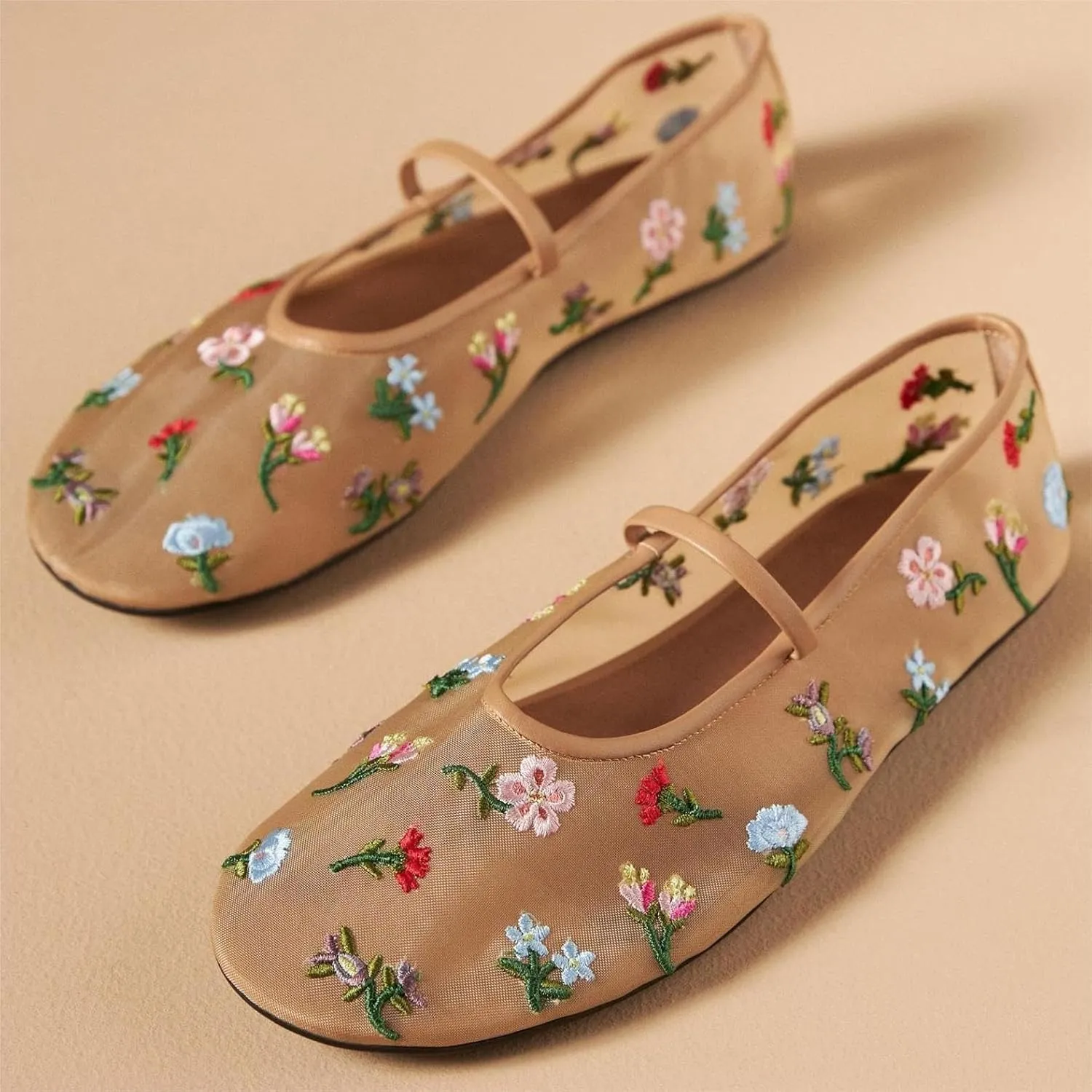 Women's Embroidered Mesh Ballerinas Shoes Round Toe White Pearl Ballet Flats with Buckle Strap Summer Fashion Flat
