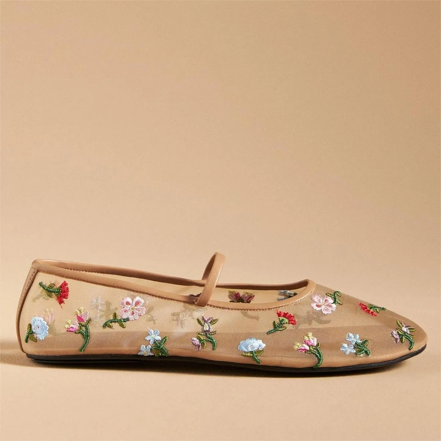 Women's Embroidered Mesh Ballerinas Shoes Round Toe White Pearl Ballet Flats with Buckle Strap Summer Fashion Flat