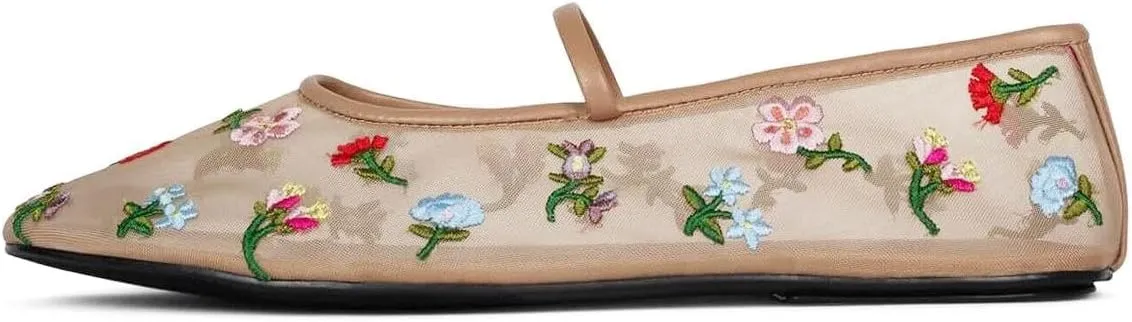 Women's Embroidered Mesh Ballerinas Shoes Round Toe White Pearl Ballet Flats with Buckle Strap Summer Fashion Flat