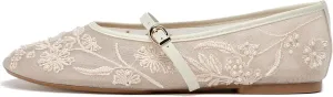 Women's Embroidered Mesh Ballerinas Shoes Round Toe White Pearl Ballet Flats with Buckle Strap Summer Fashion Flat