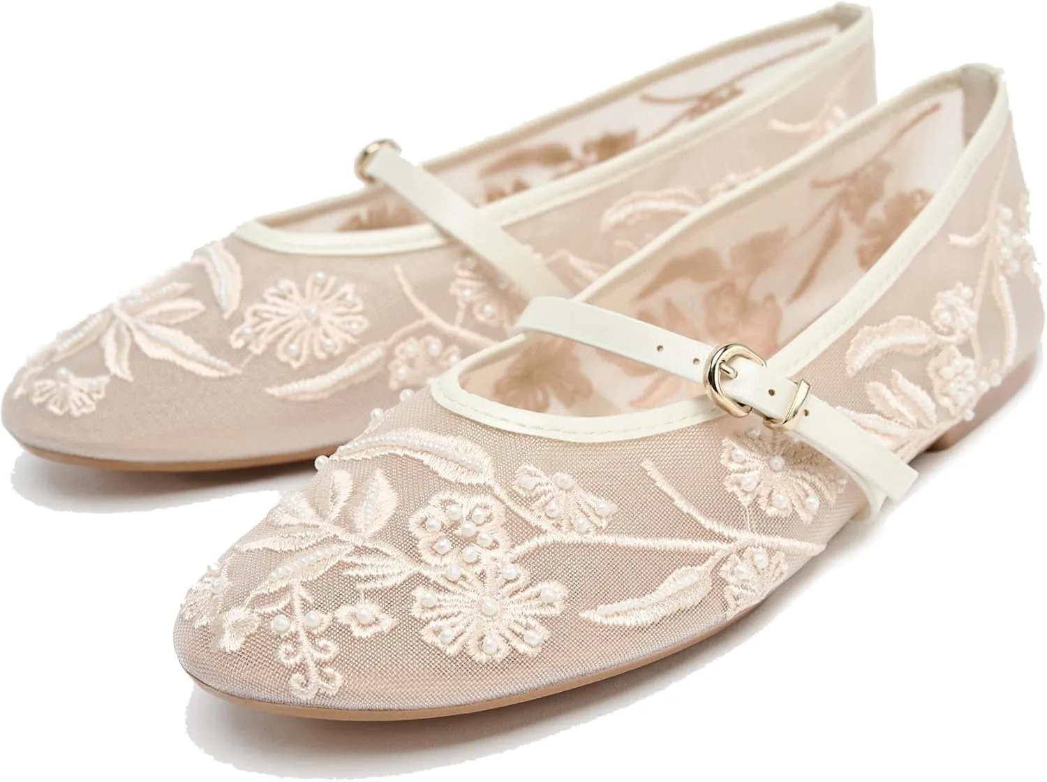 Women's Embroidered Mesh Ballerinas Shoes Round Toe White Pearl Ballet Flats with Buckle Strap Summer Fashion Flat