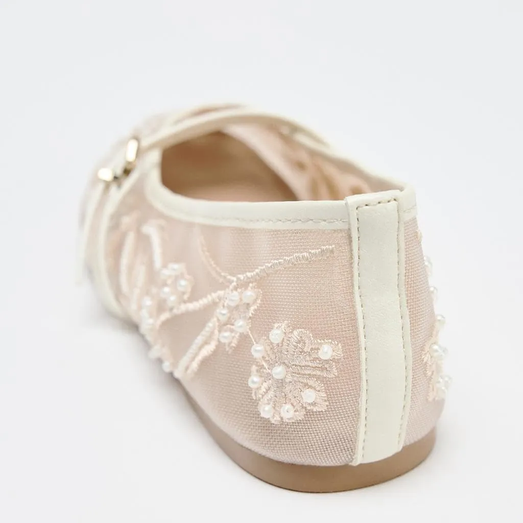 Women's Embroidered Mesh Ballerinas Shoes Round Toe White Pearl Ballet Flats with Buckle Strap Summer Fashion Flat