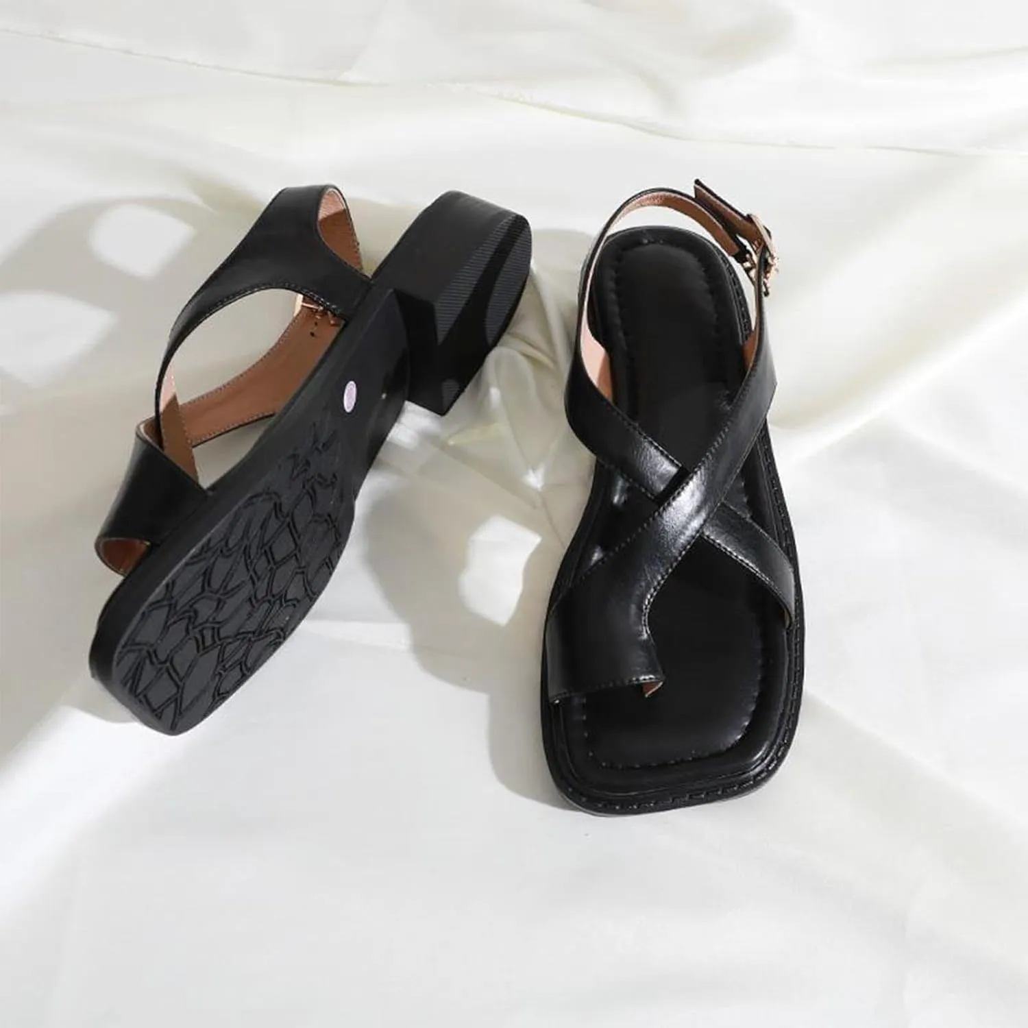 Womens Faux Leather Flat Sandals Footwear Open Toes Sandals Cross Strappy Ankle Strap Buckle Sandals Casual Daily Wear