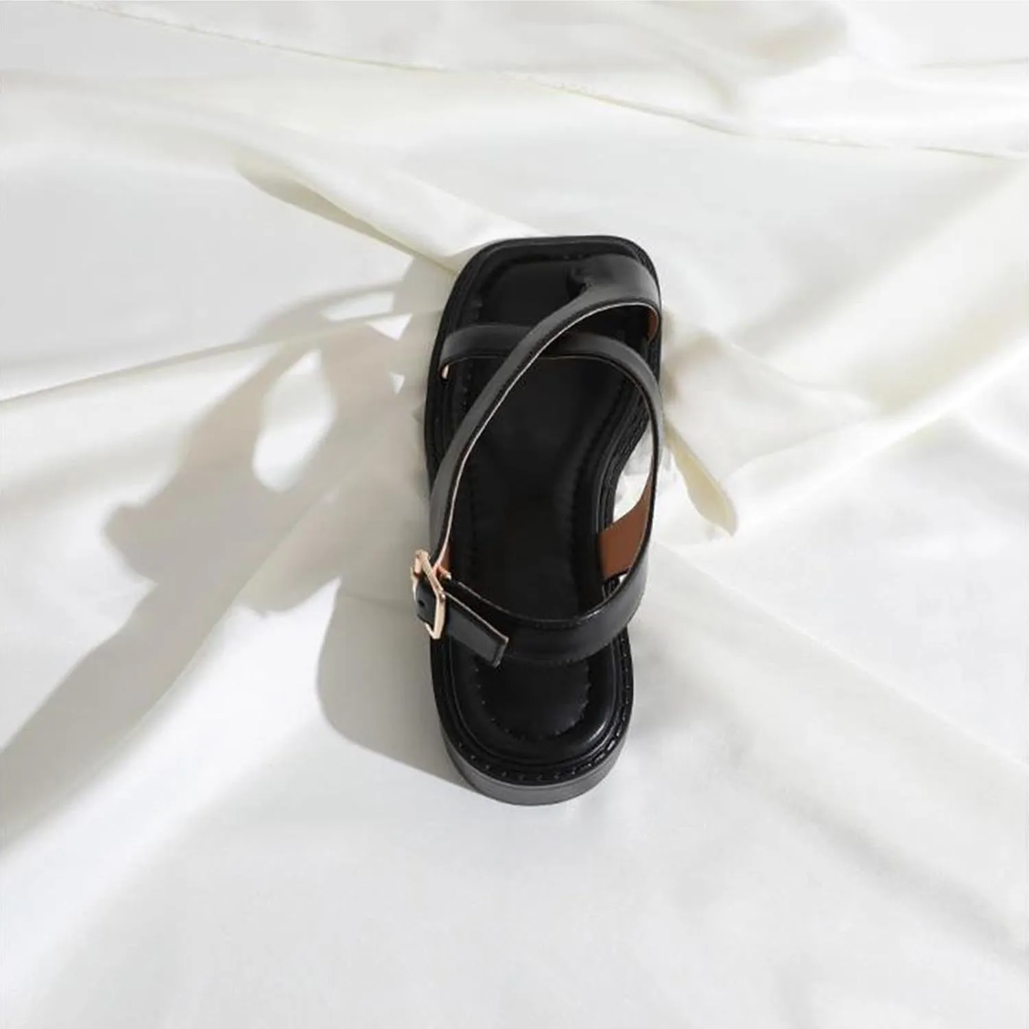Womens Faux Leather Flat Sandals Footwear Open Toes Sandals Cross Strappy Ankle Strap Buckle Sandals Casual Daily Wear