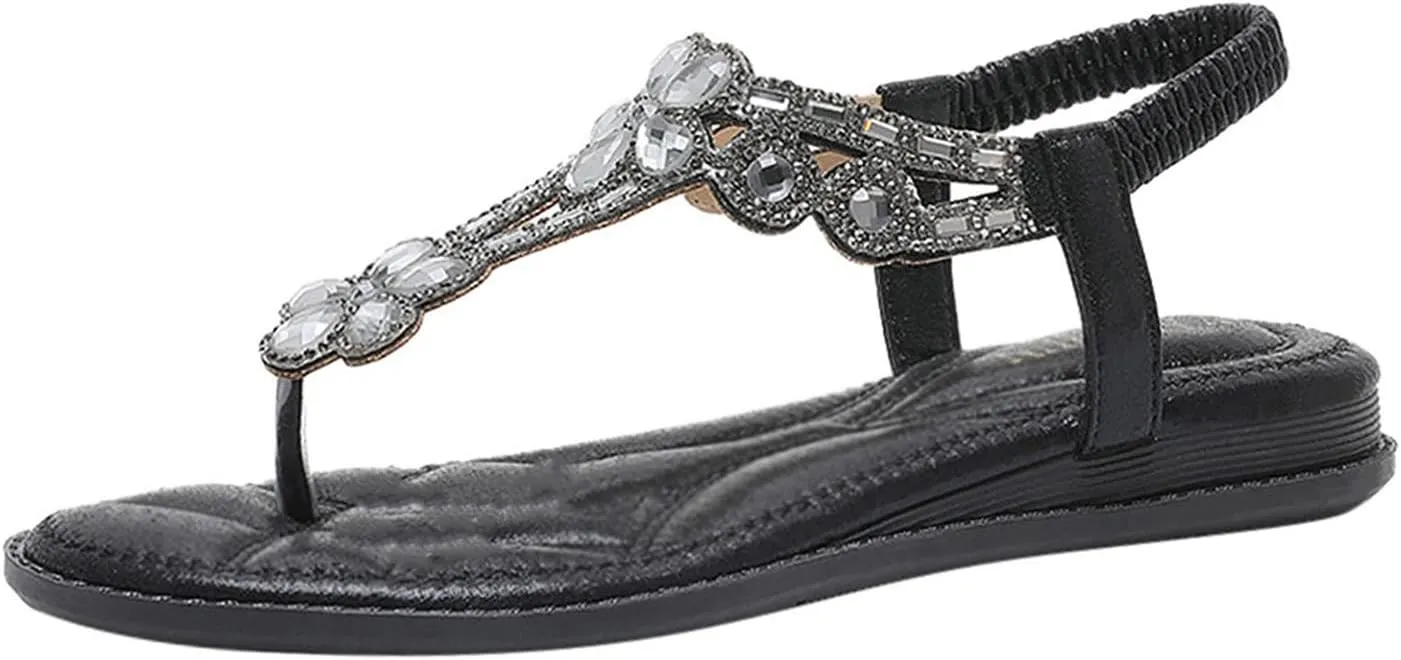 Women's Flat Sandals Boho Summer Rhinestone Beach Sandals，Womens Sandals Flip Flops Slipper Ankle Elastic T-Strap Flower Crystal Bohemia Shoes