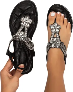 Women's Flat Sandals Boho Summer Rhinestone Beach Sandals，Womens Sandals Flip Flops Slipper Ankle Elastic T-Strap Flower Crystal Bohemia Shoes