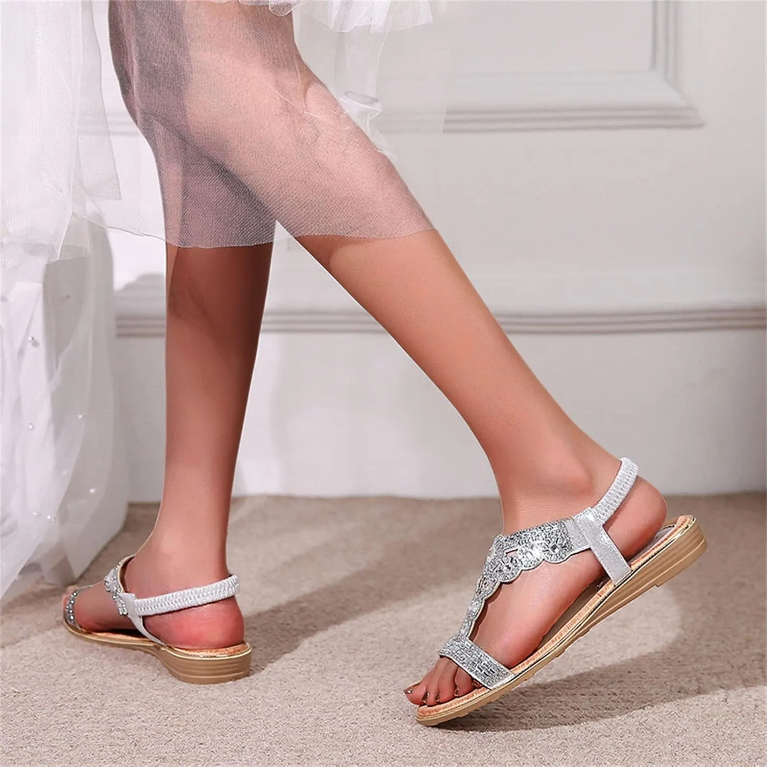 Women's Flat Sandals Summer Beach Sandal Casual Beaded Elastic Sandals T-Strap Rhinestone Beaded Bohemia Shoes (Silver, 36)