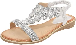 Women's Flat Sandals Summer Beach Sandal Casual Beaded Elastic Sandals T-Strap Rhinestone Beaded Bohemia Shoes (Silver, 36)
