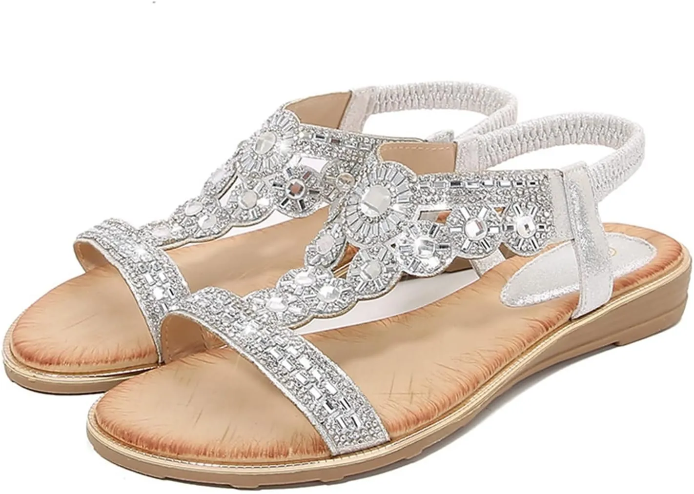 Women's Flat Sandals Summer Beach Sandal Casual Beaded Elastic Sandals T-Strap Rhinestone Beaded Bohemia Shoes (Silver, 36)