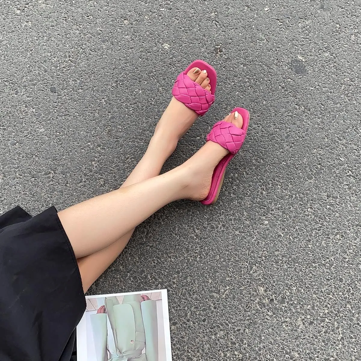 Womens Flat Slide Sandals,nude braided sandals for women,Square Open Toe Slippers Cute Slip On Summer Fashion Shoes Casual.