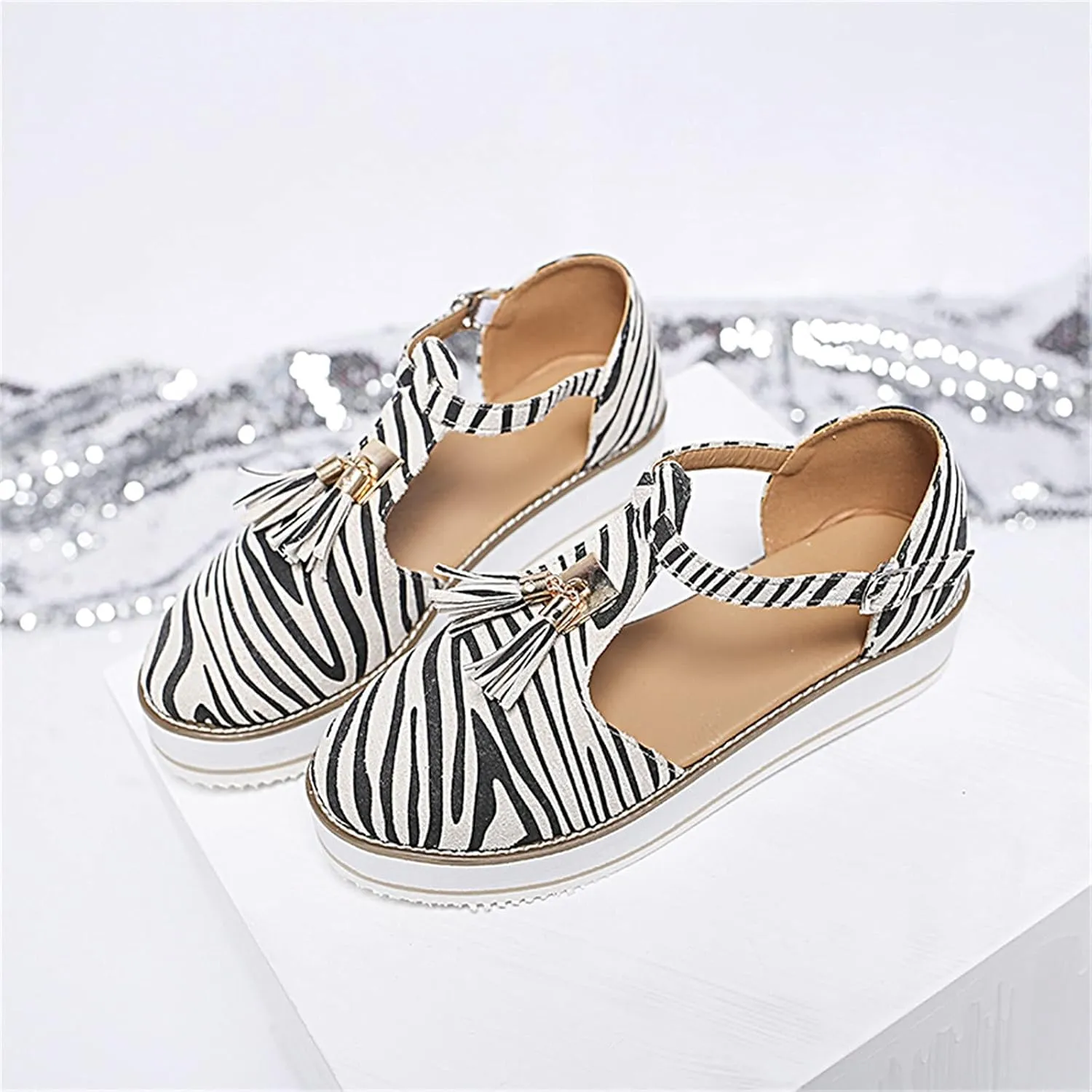 Women's Flatform Sandals,Soft Sole Comfy Flats Platform Tassels Canvas Shoes Closed Toe Sandal Summer Casual Suede Loafers