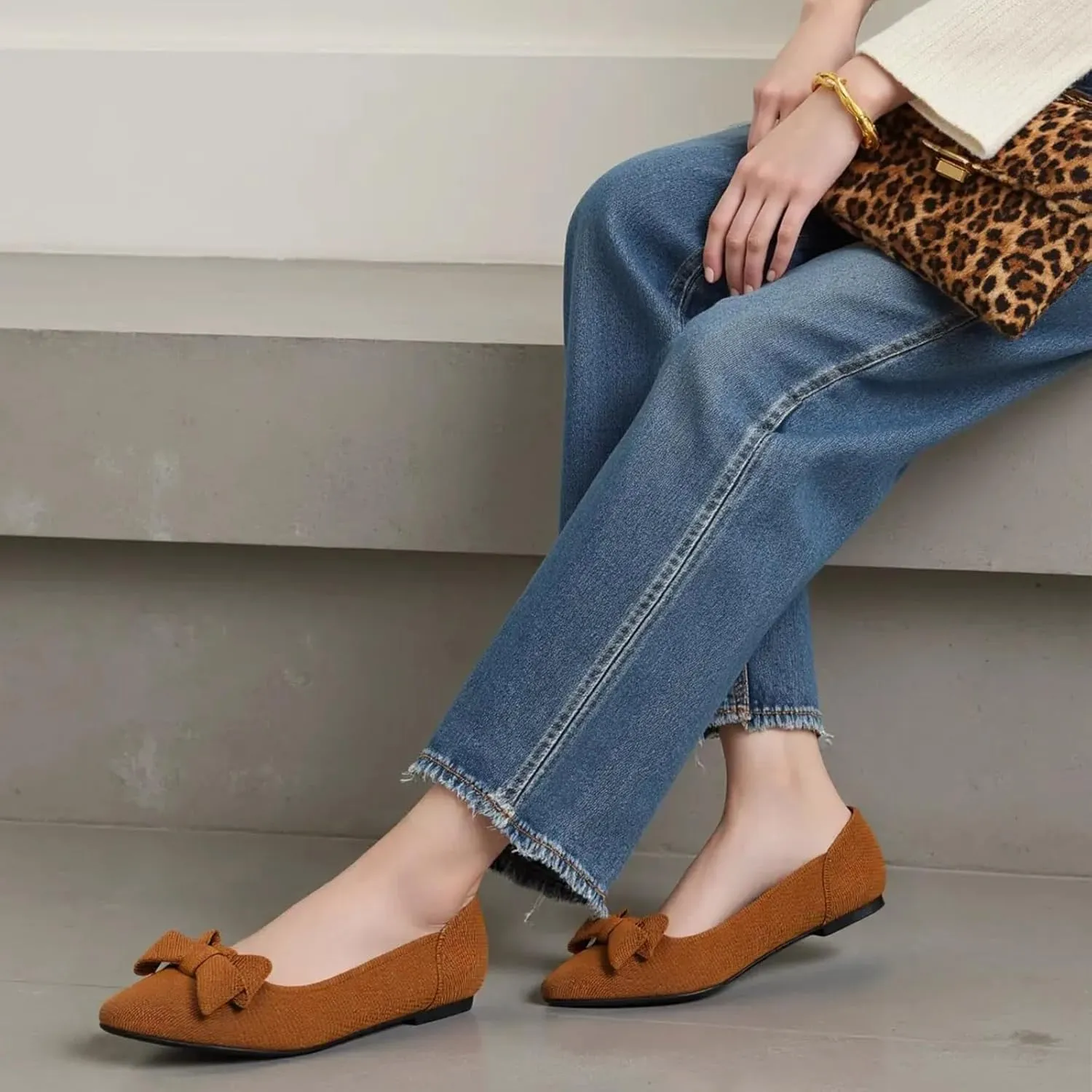 Women's Flats Shoes Comfortable Slip On Shoes Classic Dressy Pointed Toe Bow Knit Ballet Flat