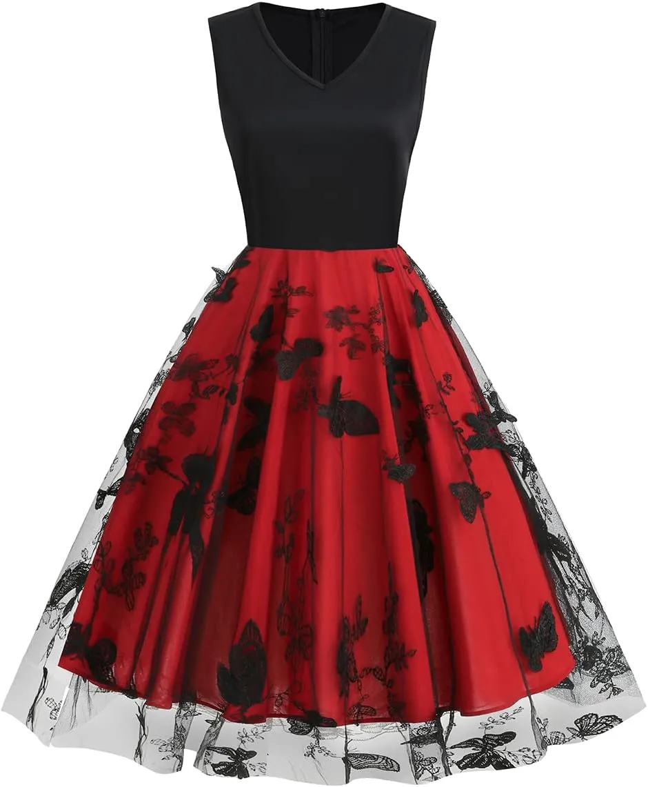 Women's Floral Embroidered Dress 1950s Vintage Sleeveless V Neck Mesh Tulle Cocktail Dresses