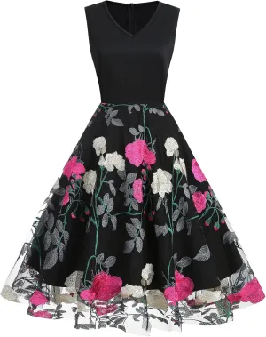Women's Floral Embroidered Dress 1950s Vintage Sleeveless V Neck Mesh Tulle Cocktail Dresses