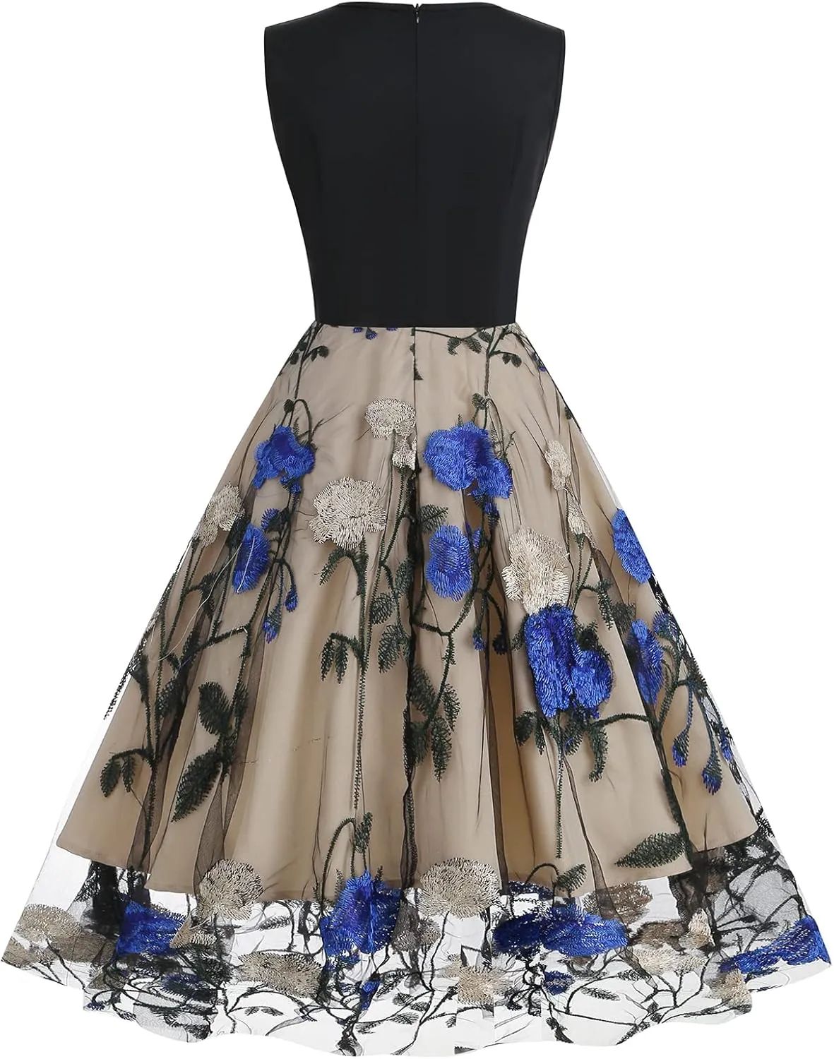Women's Floral Embroidered Dress 1950s Vintage Sleeveless V Neck Mesh Tulle Cocktail Dresses