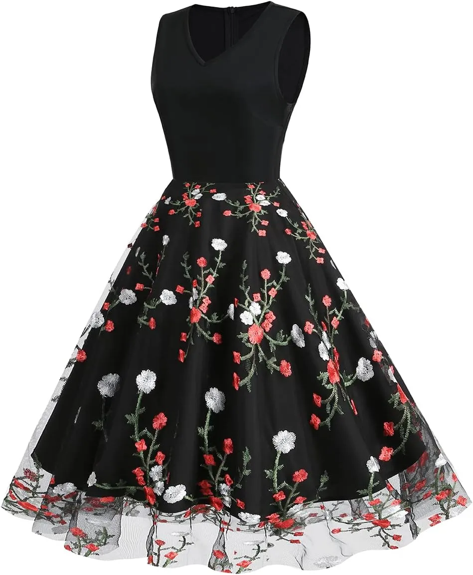 Women's Floral Embroidered Dress 1950s Vintage Sleeveless V Neck Mesh Tulle Cocktail Dresses