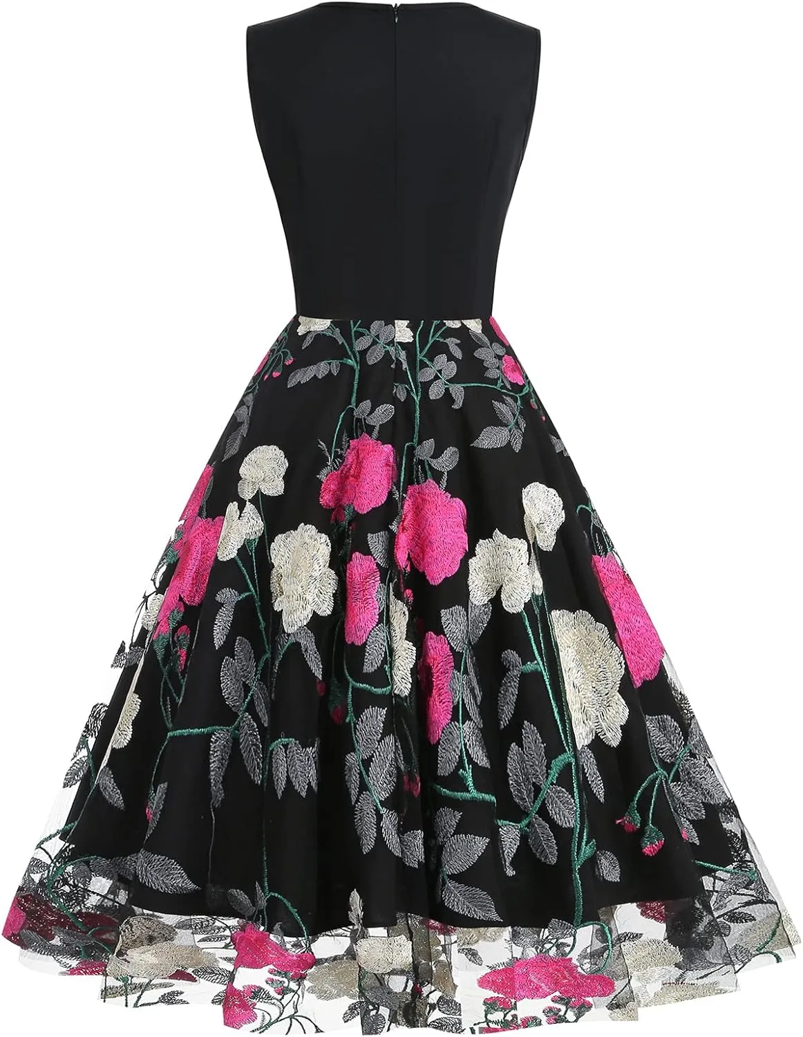 Women's Floral Embroidered Dress 1950s Vintage Sleeveless V Neck Mesh Tulle Cocktail Dresses