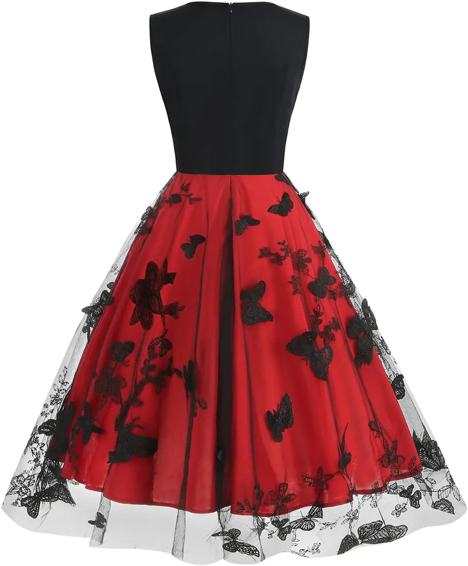 Women's Floral Embroidered Dress 1950s Vintage Sleeveless V Neck Mesh Tulle Cocktail Dresses