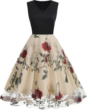 Women's Floral Embroidered Dress 1950s Vintage Sleeveless V Neck Mesh Tulle Cocktail Dresses
