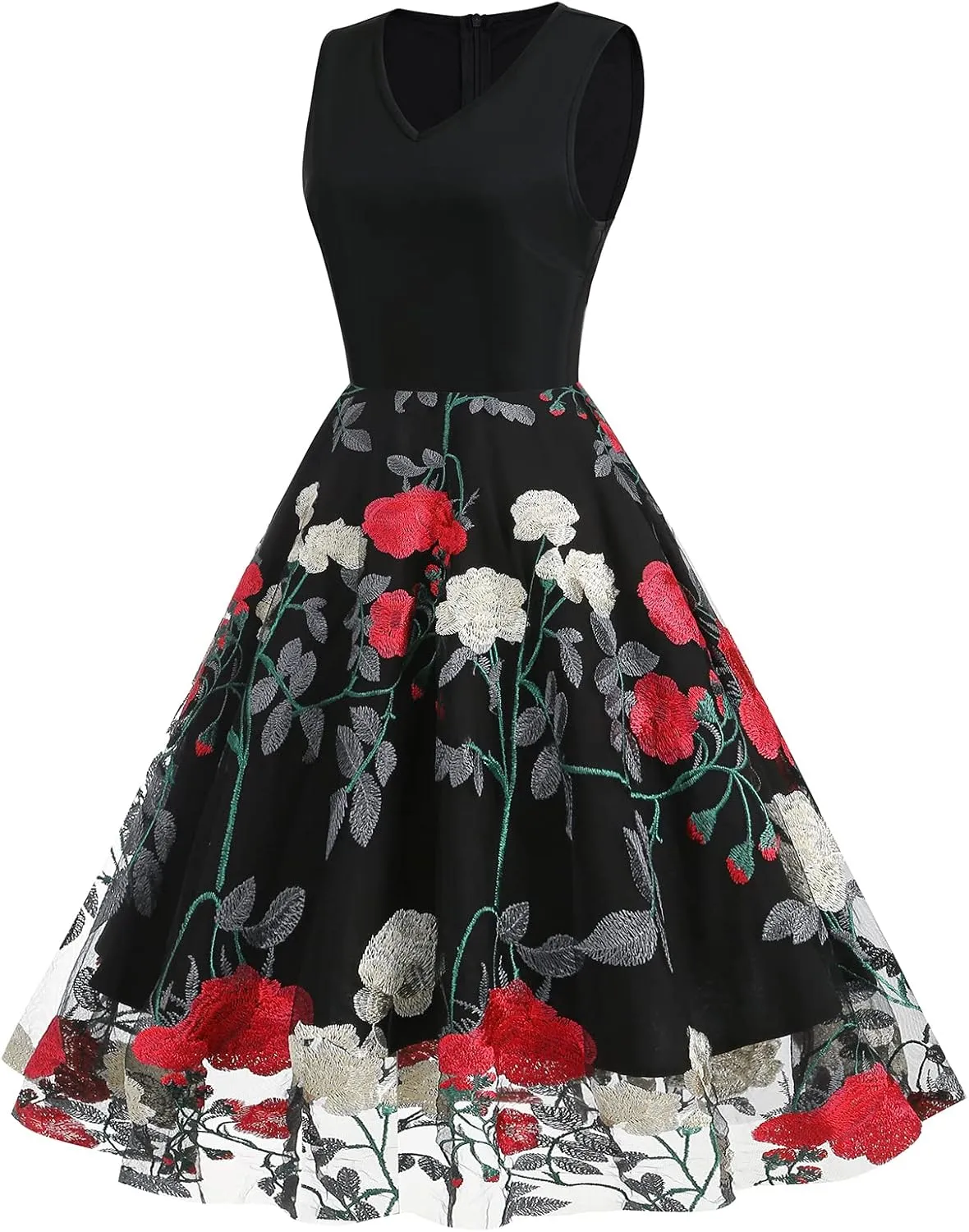 Women's Floral Embroidered Dress 1950s Vintage Sleeveless V Neck Mesh Tulle Cocktail Dresses