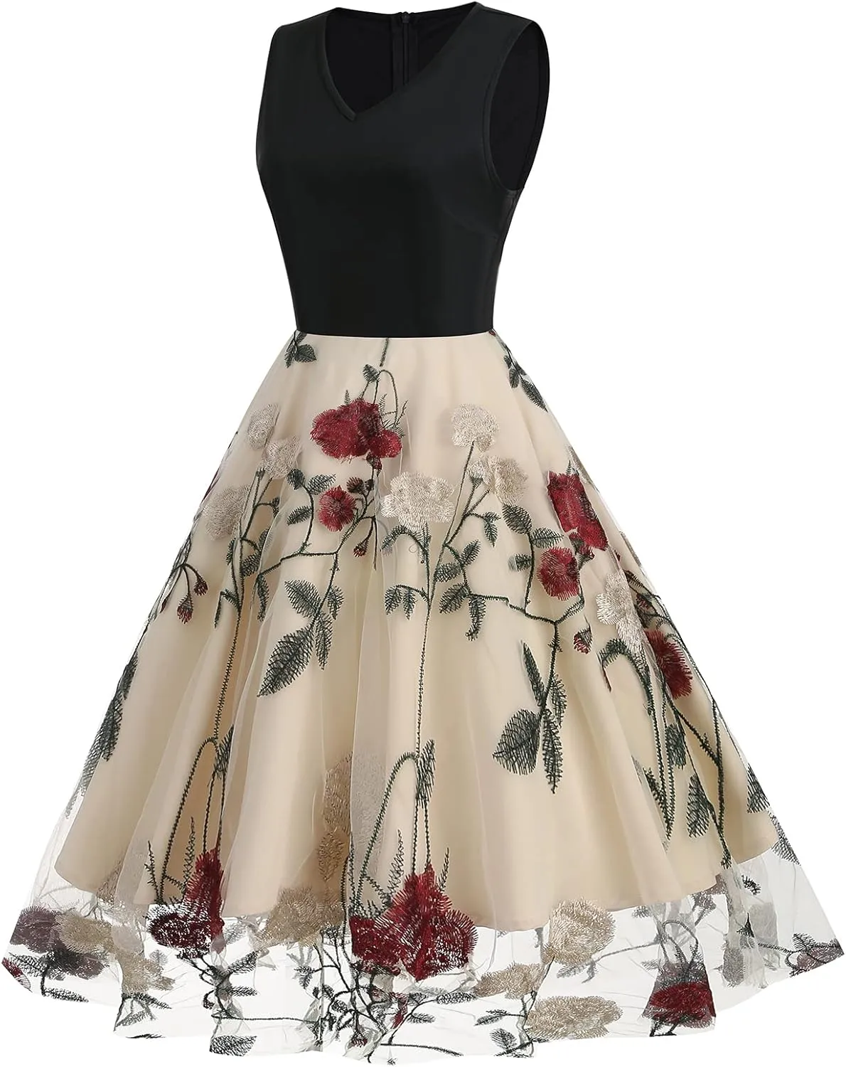 Women's Floral Embroidered Dress 1950s Vintage Sleeveless V Neck Mesh Tulle Cocktail Dresses
