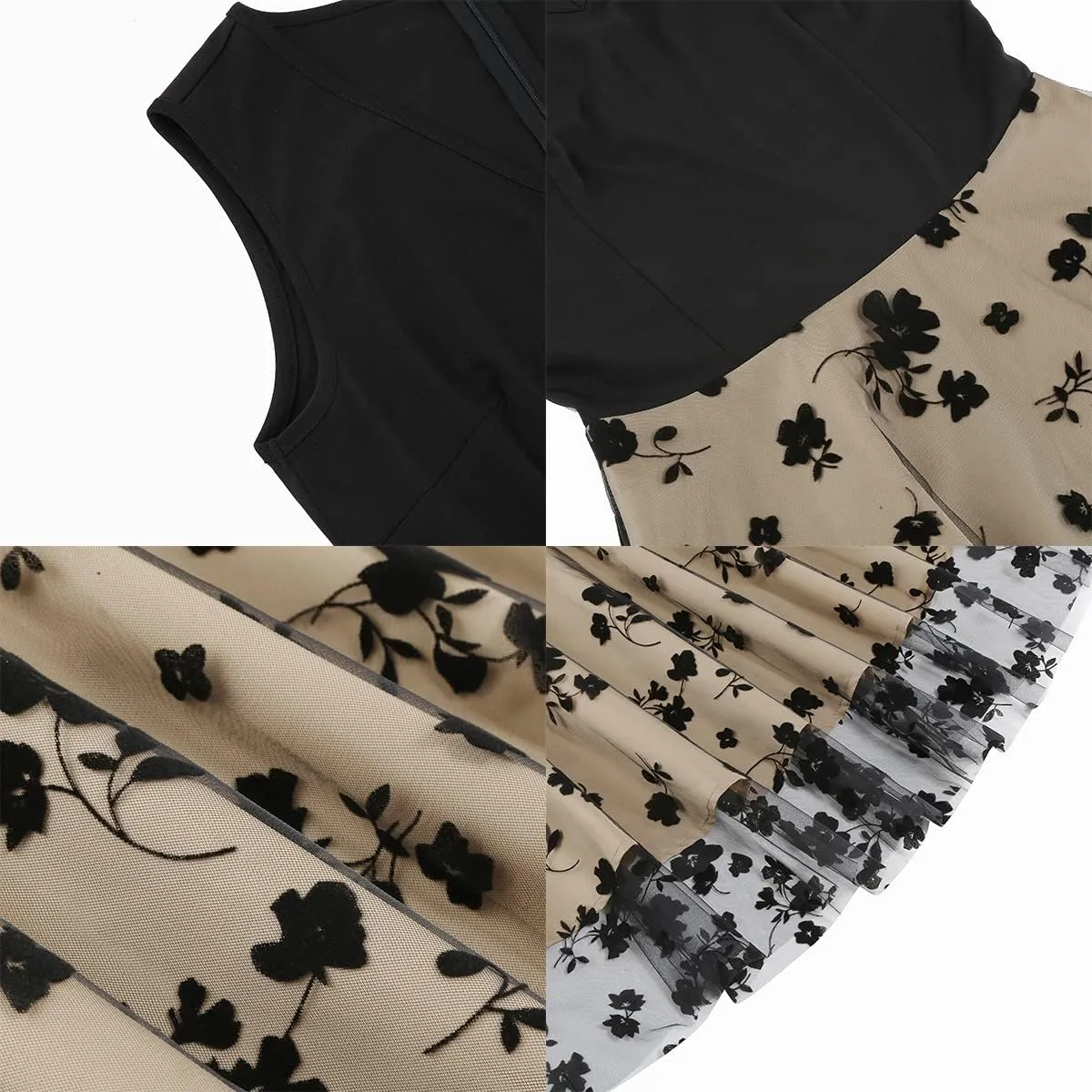 Women's Floral Embroidered Dress 1950s Vintage Sleeveless V Neck Mesh Tulle Cocktail Dresses