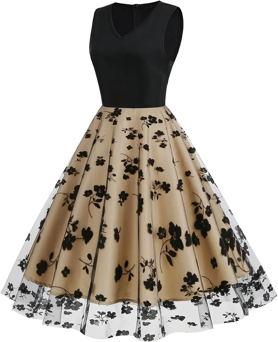 Women's Floral Embroidered Dress 1950s Vintage Sleeveless V Neck Mesh Tulle Cocktail Dresses