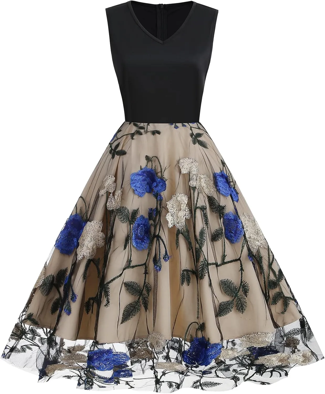 Women's Floral Embroidered Dress 1950s Vintage Sleeveless V Neck Mesh Tulle Cocktail Dresses