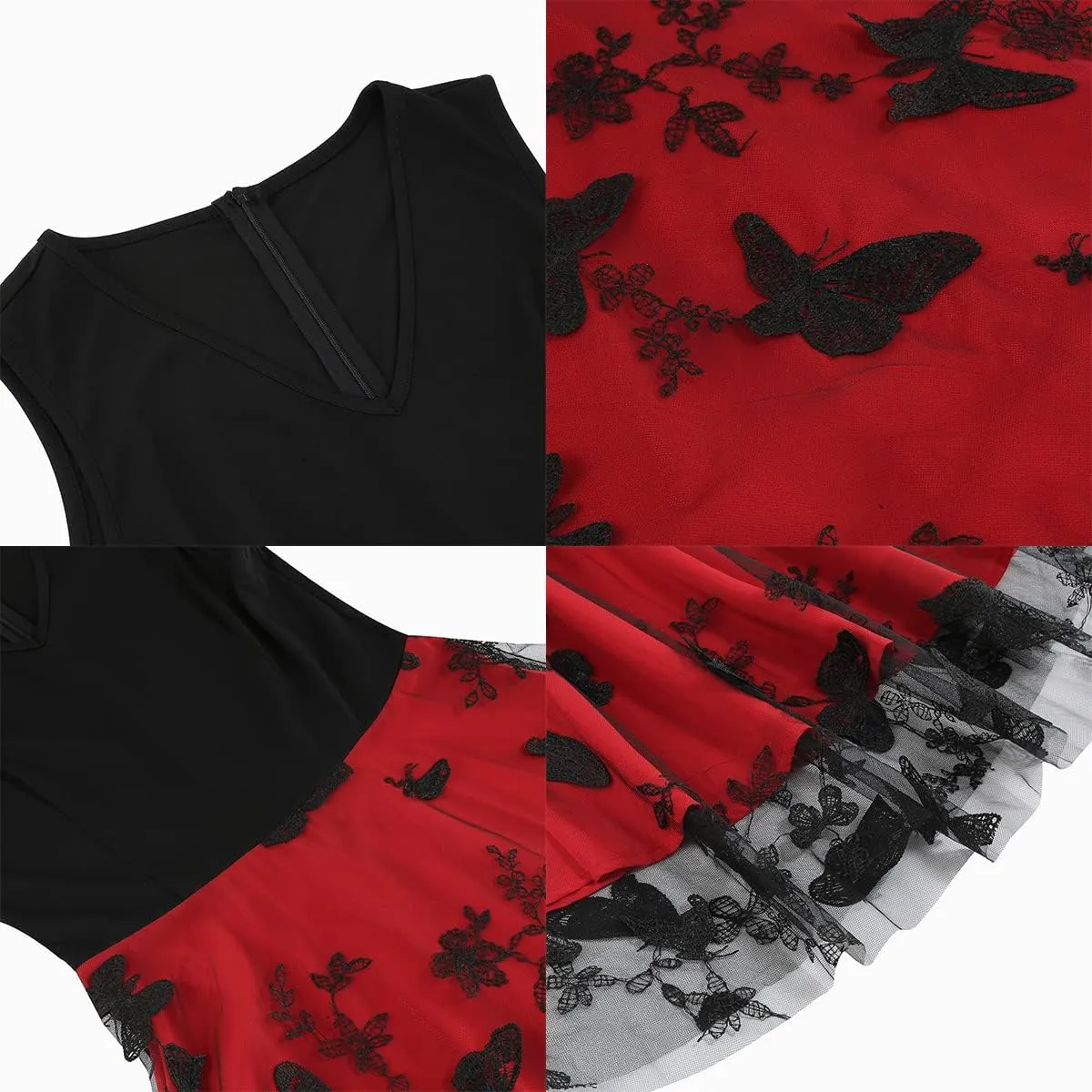 Women's Floral Embroidered Dress 1950s Vintage Sleeveless V Neck Mesh Tulle Cocktail Dresses