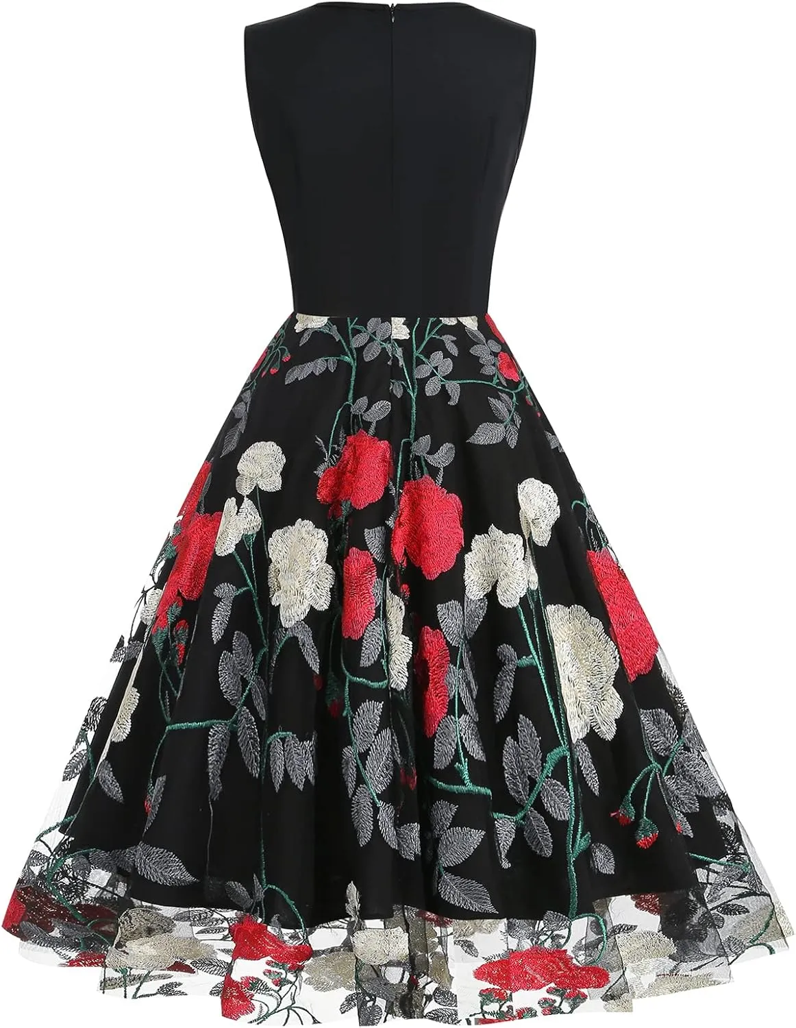 Women's Floral Embroidered Dress 1950s Vintage Sleeveless V Neck Mesh Tulle Cocktail Dresses