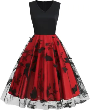 Women's Floral Embroidered Dress 1950s Vintage Sleeveless V Neck Mesh Tulle Cocktail Dresses