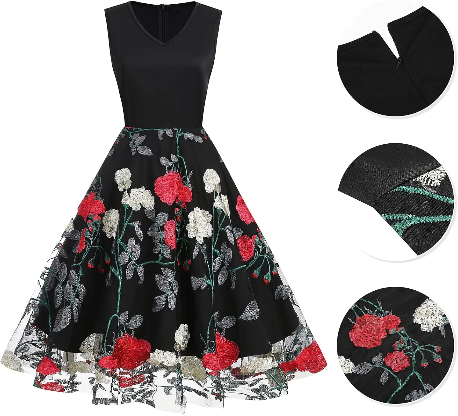 Women's Floral Embroidered Dress 1950s Vintage Sleeveless V Neck Mesh Tulle Cocktail Dresses