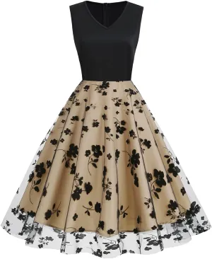 Women's Floral Embroidered Dress 1950s Vintage Sleeveless V Neck Mesh Tulle Cocktail Dresses