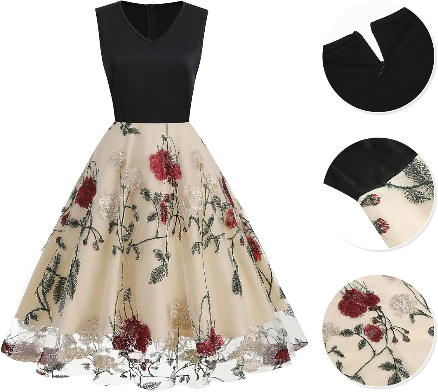 Women's Floral Embroidered Dress 1950s Vintage Sleeveless V Neck Mesh Tulle Cocktail Dresses