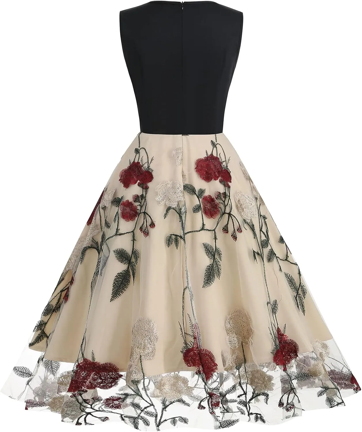 Women's Floral Embroidered Dress 1950s Vintage Sleeveless V Neck Mesh Tulle Cocktail Dresses