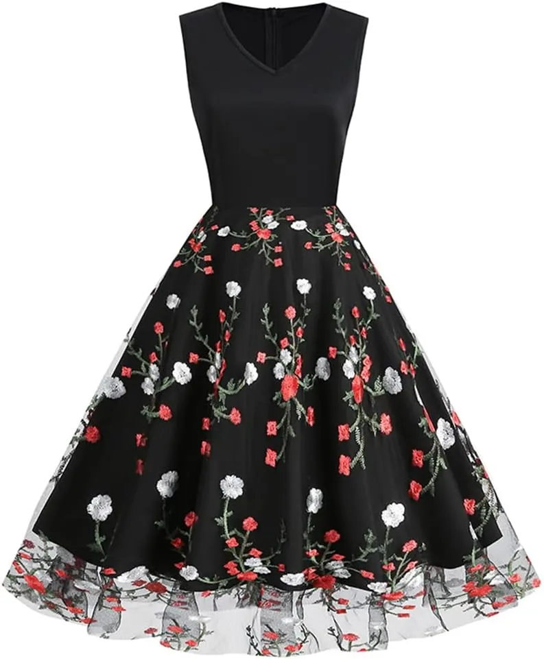 Women's Floral Embroidered Dress 1950s Vintage Sleeveless V Neck Mesh Tulle Cocktail Dresses