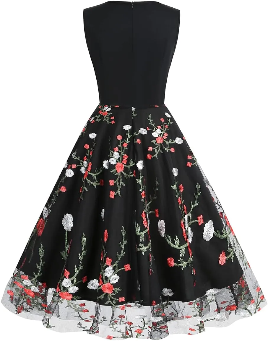Women's Floral Embroidered Dress 1950s Vintage Sleeveless V Neck Mesh Tulle Cocktail Dresses