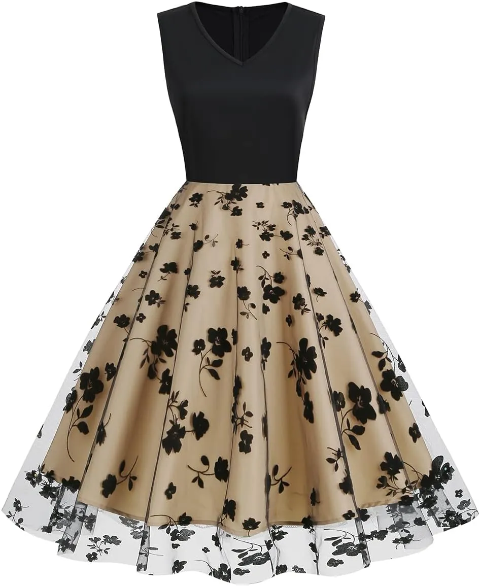 Women's Floral Embroidered Dress 1950s Vintage Sleeveless V Neck Mesh Tulle Cocktail Dresses