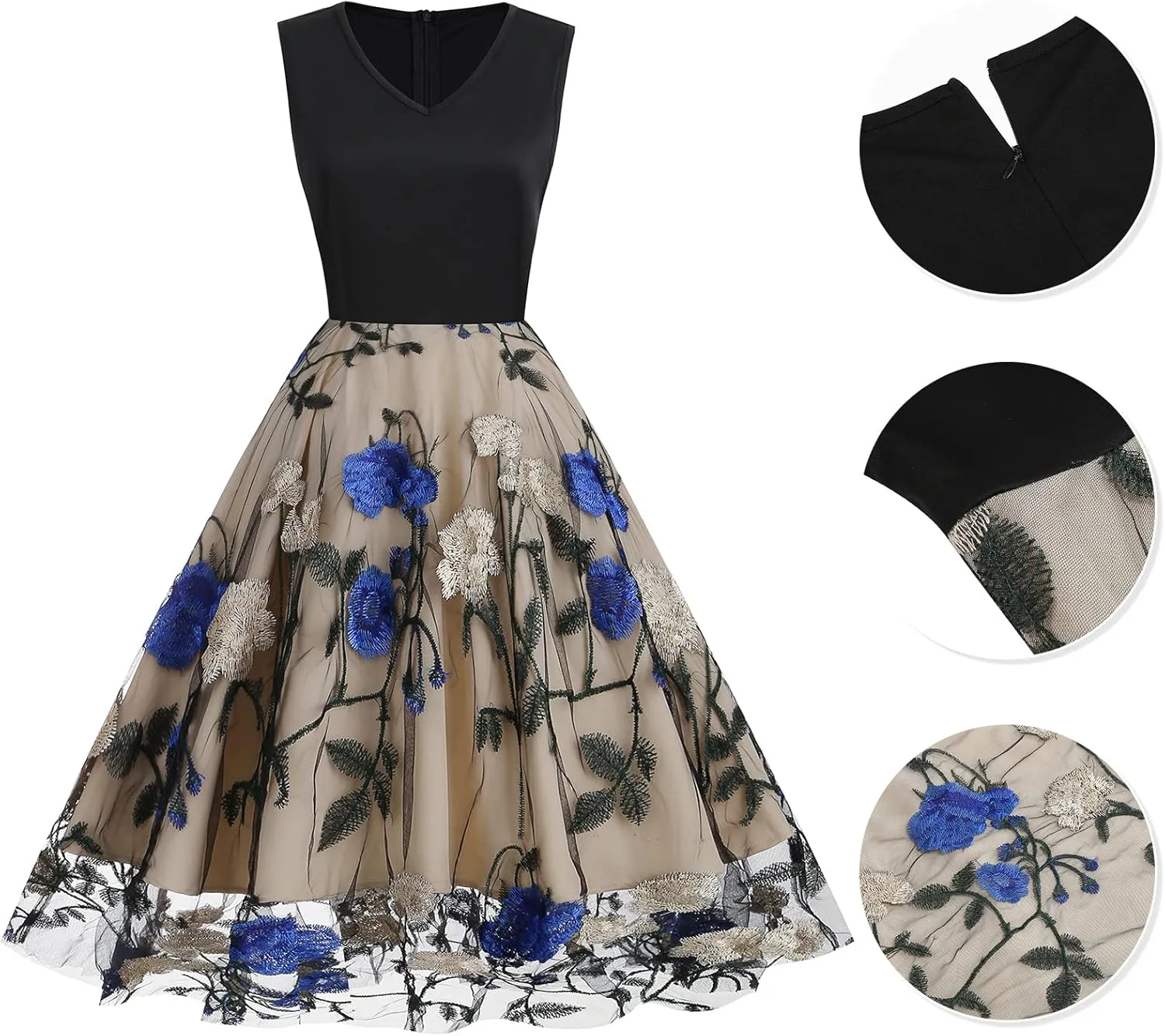 Women's Floral Embroidered Dress 1950s Vintage Sleeveless V Neck Mesh Tulle Cocktail Dresses