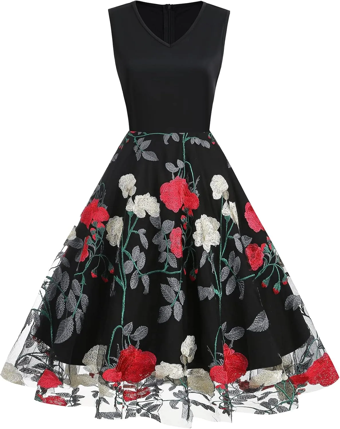 Women's Floral Embroidered Dress 1950s Vintage Sleeveless V Neck Mesh Tulle Cocktail Dresses