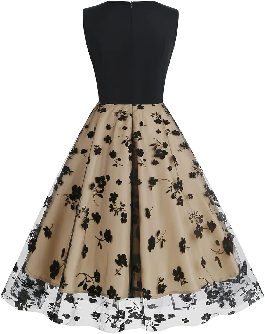 Women's Floral Embroidered Dress 1950s Vintage Sleeveless V Neck Mesh Tulle Cocktail Dresses