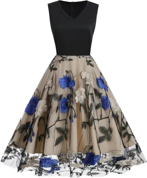 Women's Floral Embroidered Dress 1950s Vintage Sleeveless V Neck Mesh Tulle Cocktail Dresses