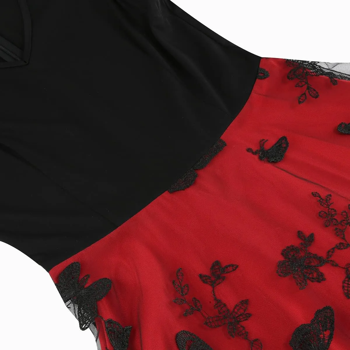 Women's Floral Embroidered Dress 1950s Vintage Sleeveless V Neck Mesh Tulle Cocktail Dresses